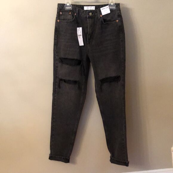 TOPSHOP SIZE 6 TALL HIGH WAISTED TAPERED LEG WASHED BLACK MOM JEANS - Picture 3 of 11